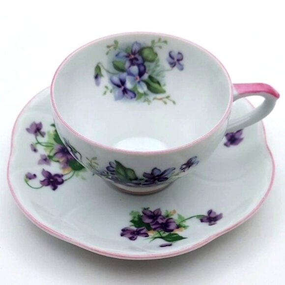 Porcelain Violets Tea Cup & Saucer Pink Trim Japan NW-8/842 & 843 Vintage - Picture 1 of 7